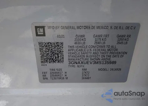 2021 Chevrolet Equinox Awd Lt из США, поврежденный, VIN 3GNAXUEV3MS135989